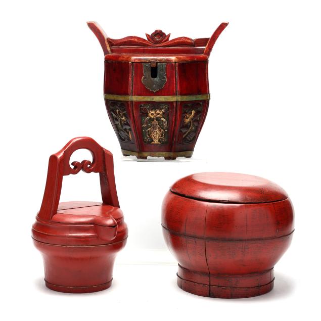 three-asian-red-painted-wood-storage-vessels