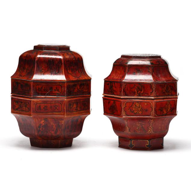 two-chinese-red-lacquer-octagonal-boxes