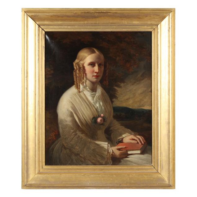 american-school-mid-19th-century-portrait-of-a-woman-with-pink-rose-and-book
