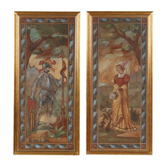 pair-of-vintage-medieval-style-paintings-of-a-knight-and-lady