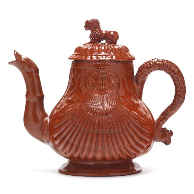 staffordshire-glazed-redware-pecten-shell-and-foo-lion-teapot