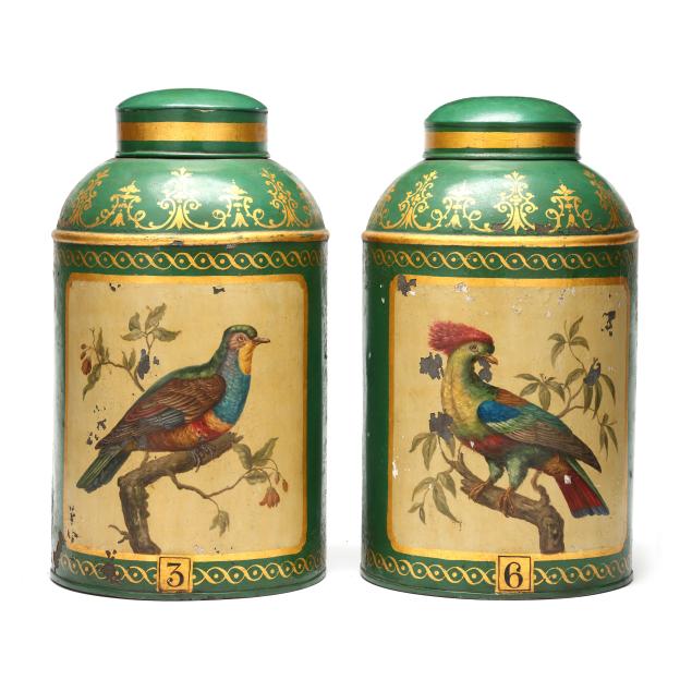two-antique-english-green-and-gilt-tole-tea-canisters