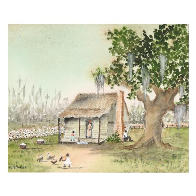 emmie-mayberry-mcintire-american-1899-1991-lowcountry-scene-with-cabin-figures-cotton-field-and-live-oak