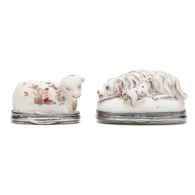 two-fine-louis-xv-figural-silver-mounted-soft-paste-porcelain-snuff-boxes