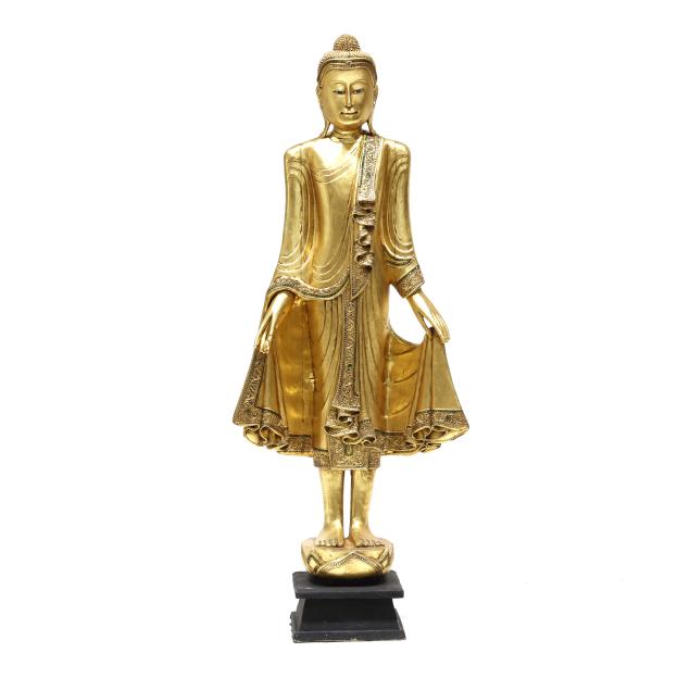 a-large-burmese-carved-wood-with-gilt-standing-buddha