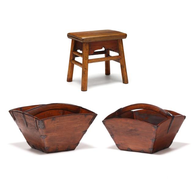 two-asian-square-wooden-baskets-and-foot-stool