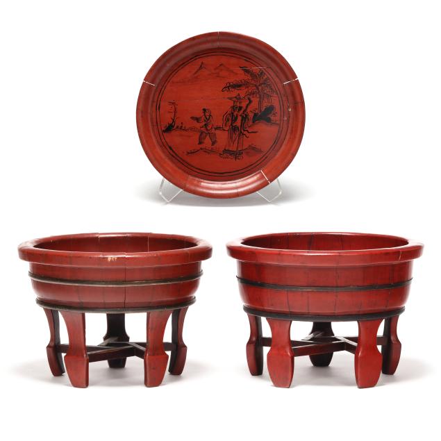 two-chinese-red-painted-wood-baby-baths-and-circular-tray