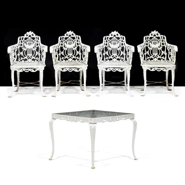 manner-of-robert-wood-aluminum-patio-table-and-four-chairs