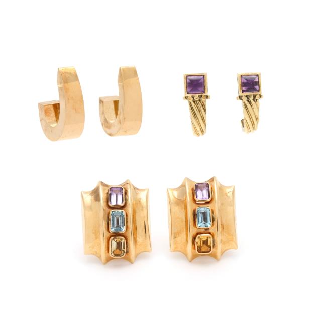 two-pairs-of-gold-and-gem-set-earrings-and-a-pair-of-gold-earrings