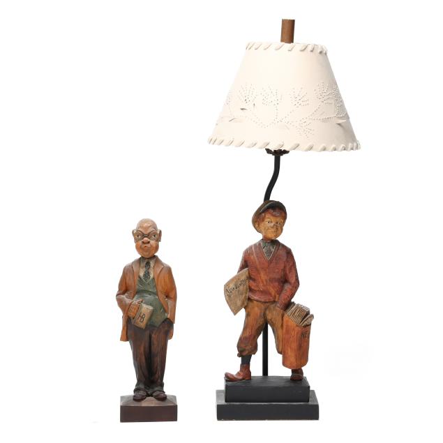 two-vintage-german-carved-whistler-automatons-one-mounted-as-lamp