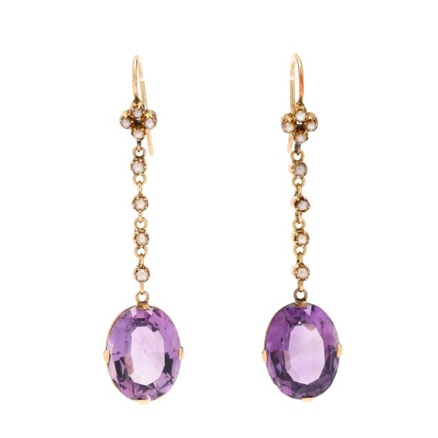 vintage-gold-seed-pearl-and-amethyst-dangle-earrings