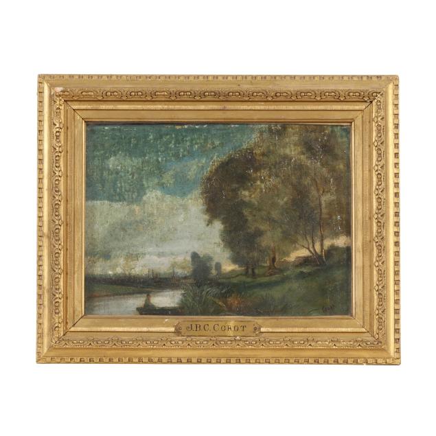 manner-of-jean-baptiste-camille-corot-french-1796-1875-landscape-with-figure-in-a-fishing-boat