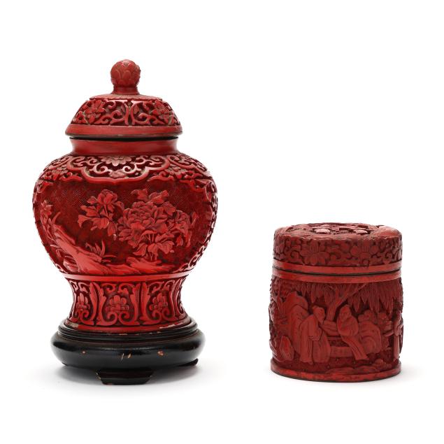 two-chinese-carved-red-cinnabar-lacquer-jars-with-covers