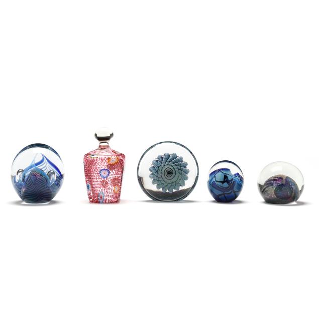 a-millefiori-and-four-eickholt-art-glass-paperweights