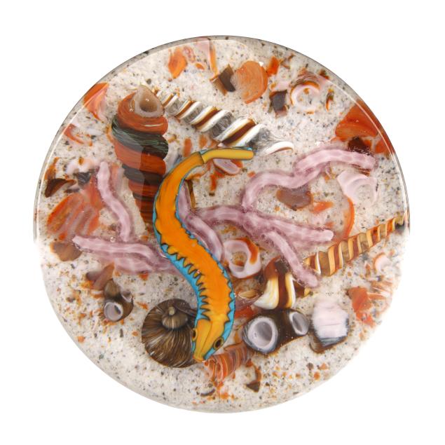 gordon-smith-american-b-1959-art-glass-paperweight-with-eel-and-shells