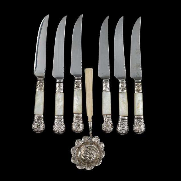 set-of-six-silver-plated-mother-of-pearl-steak-knives-and-a-sugar-sifter