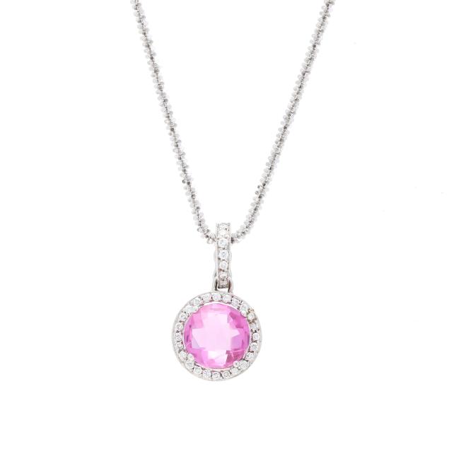 white-gold-diamond-and-synthetic-pink-sapphire-pendant-necklace