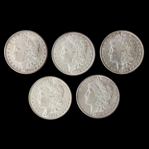 five-uncirculated-19th-century-morgan-silver-dollars
