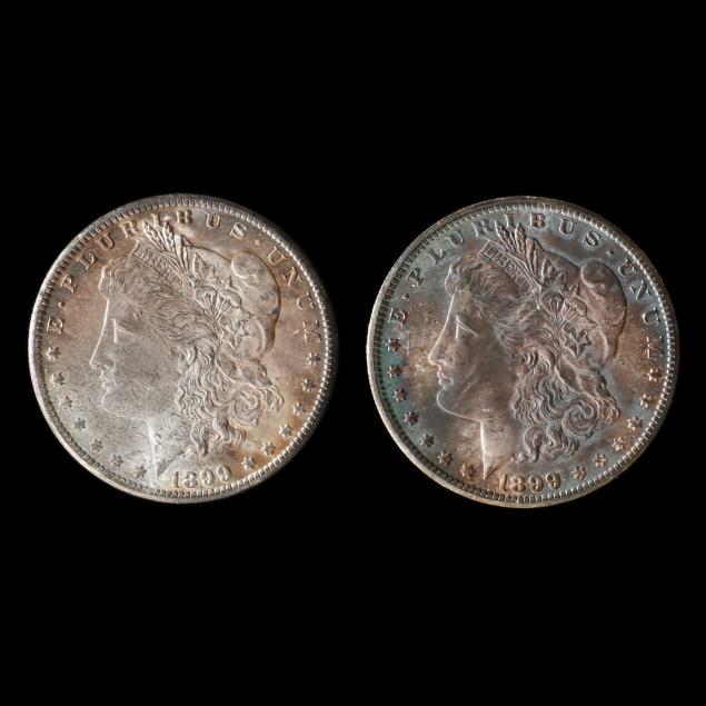 two-heavily-toned-bu-1899-o-morgan-silver-dollars