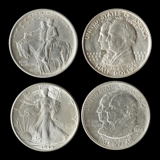 three-commemorative-halves-and-a-walking-liberty-half-dollar