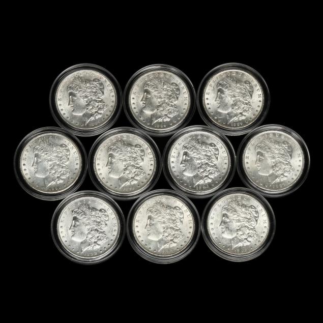 ten-10-mixed-date-bu-morgan-silver-dollars-in-capsules