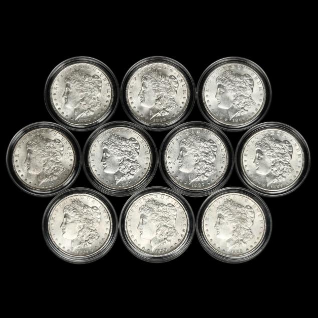 ten-10-mixed-date-bu-morgan-silver-dollars-in-capsules