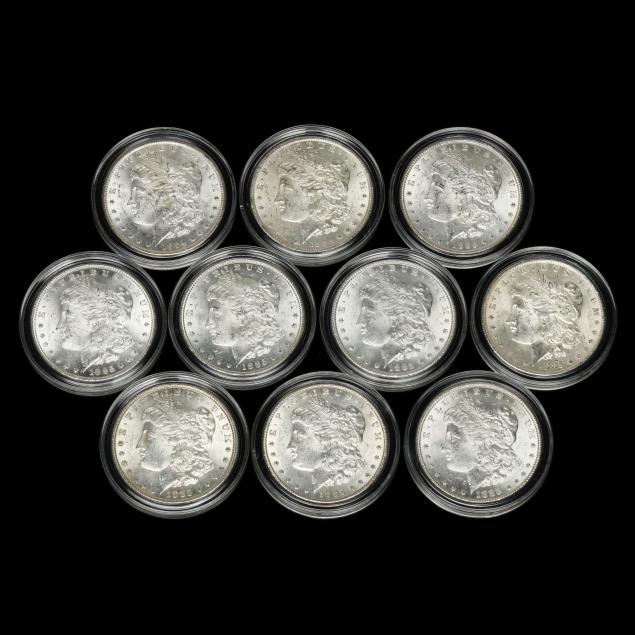 ten-10-mixed-date-bu-morgan-silver-dollars-in-capsules