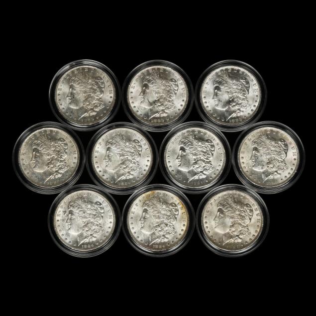ten-10-mixed-date-bu-morgan-silver-dollars-in-capsules