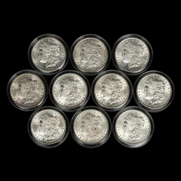 ten-10-mixed-date-bu-morgan-silver-dollars-in-capsules