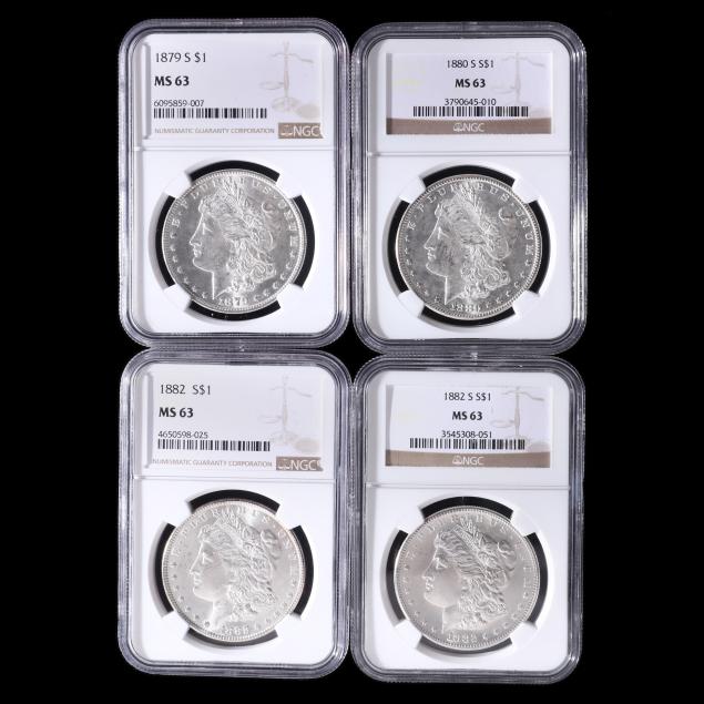 four-different-ngc-ms63-morgan-silver-dollars