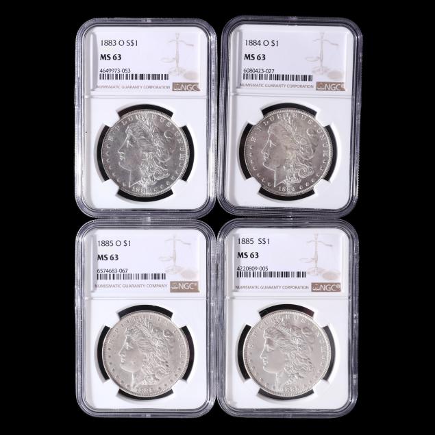 four-different-ngc-ms63-morgan-silver-dollars