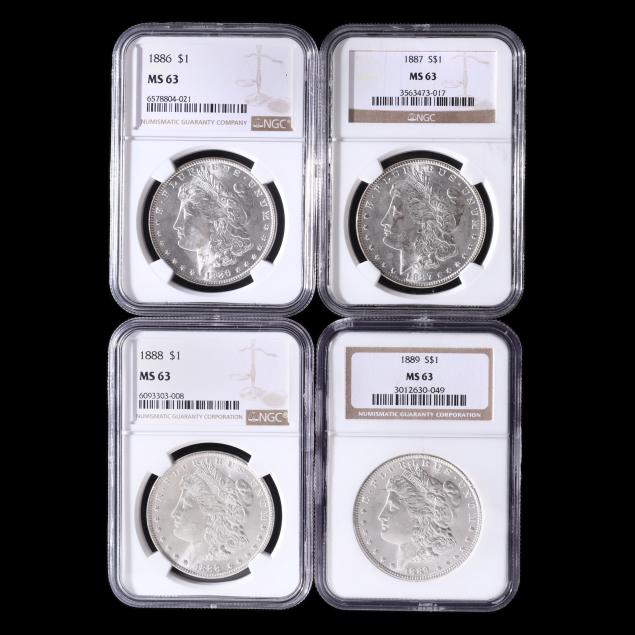four-different-ngc-ms63-morgan-silver-dollars