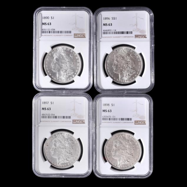 four-different-ngc-ms63-morgan-silver-dollars