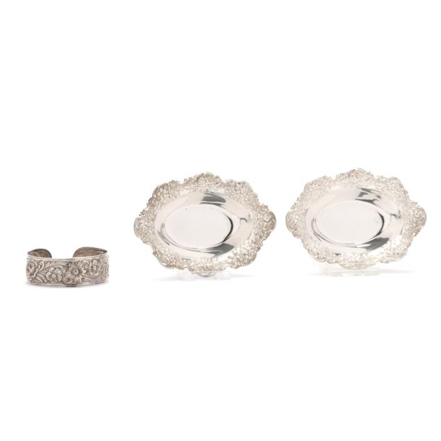 pair-of-s-kirk-son-co-repousse-sterling-silver-nut-dishes-and-a-bangle