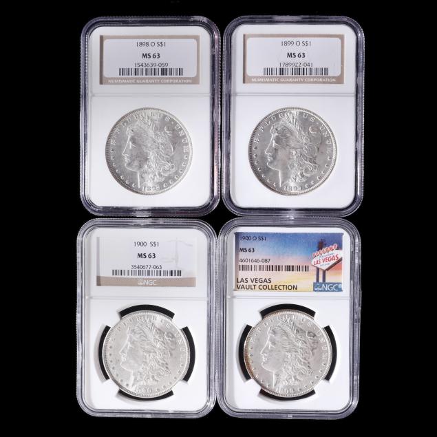 four-different-ngc-ms63-morgan-silver-dollars