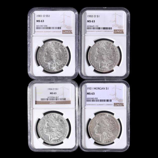 four-different-ngc-ms63-morgan-silver-dollars