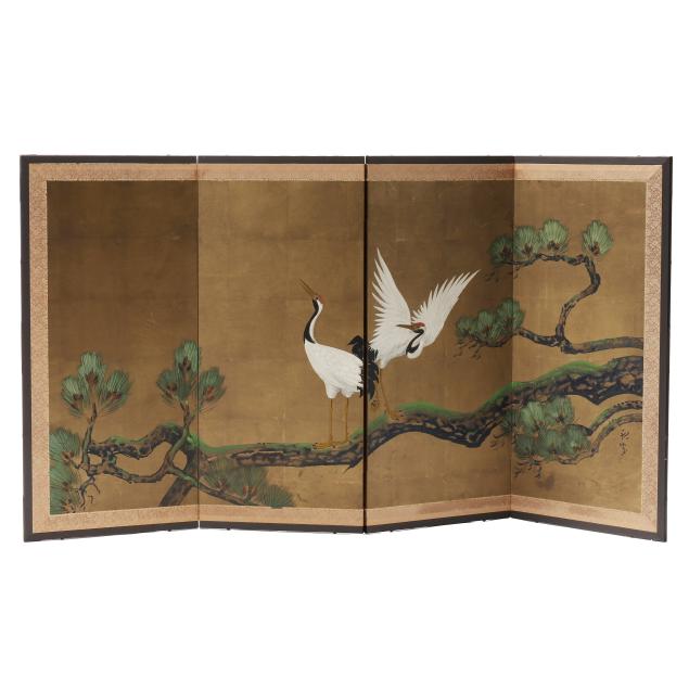 a-four-panel-japanese-folding-screen-with-cranes