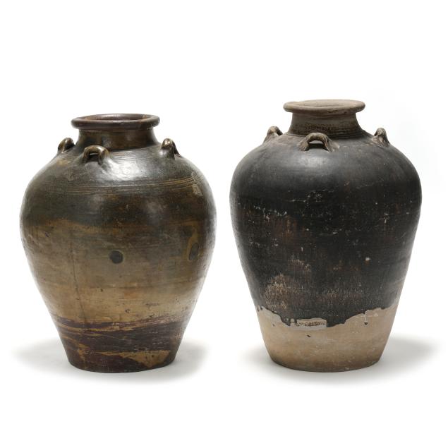 two-chinese-pottery-four-handled-green-and-brown-glazed-floor-vases