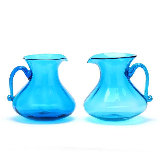 pair-of-large-blue-blenko-glass-pitchers