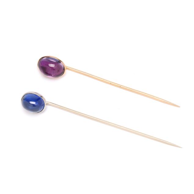 two-vintage-gold-and-gem-set-stick-pins