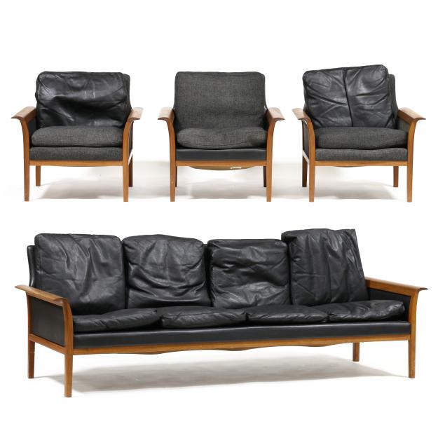 knut-saeter-norwegian-1922-1989-teak-and-leather-sofa-and-three-chairs