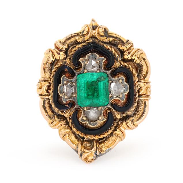 antique-gold-filled-gold-emerald-diamond-and-enamel-poison-ring