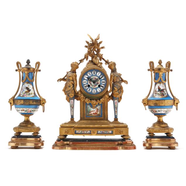 sevres-style-porcelain-and-gilt-metal-three-piece-clock-garniture-retailed-by-j-e-caldwell