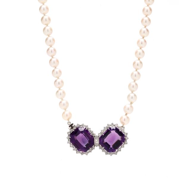 single-strand-pearl-necklace-with-white-gold-amethyst-and-diamond-bowtie-motif-clasp