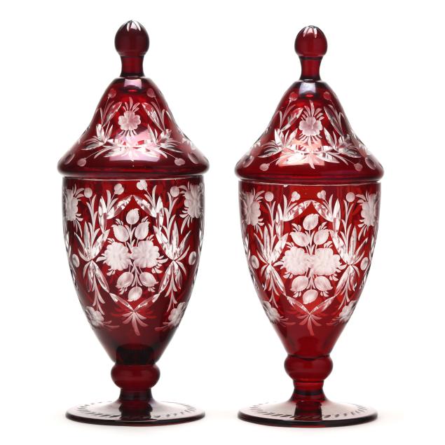 pair-of-bohemian-red-cut-to-clear-glass-lidded-mantle-urns