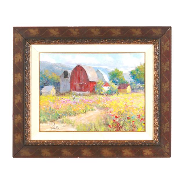 eric-k-wallis-american-b-1968-i-three-barns-and-flowers-i