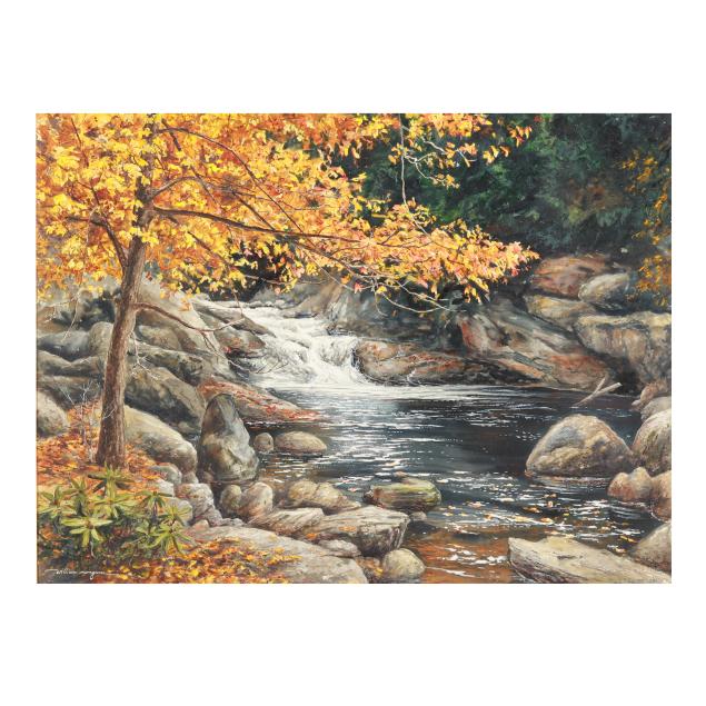 william-mangum-nc-b-1953-a-wooded-pool-with-waterfall-in-autumn