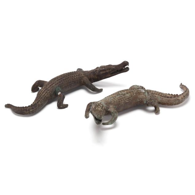 a-near-pair-of-two-cast-asian-bronze-crocodiles