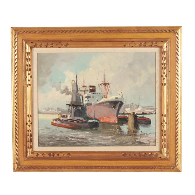 ardri-verveen-dutch-1912-1988-cargo-ship-and-barge-in-harbor