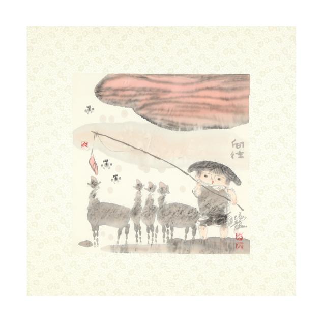 liang-peilong-chinese-b-1944-watercolor-painting-of-a-boy-with-sheep